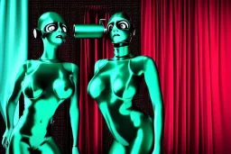 Reflective dark green to cyan metal surfaces body paint. full coverage. Girls with slim body and big butts. Behind curtains. Old-fashioned cameras integrated to heads. structure Cyber-punk telephones. Haunting, closed eyes. Red&blue 3D-tiling. Dystopia. Partly symmetrical in relation to machines. Perfect golden ratio in vertical and horizontal directions. Deep blue. Polyhedron in 5th dimension. Tessellation in 4-dimensional space. Perspective derived from Integers (mathematics).