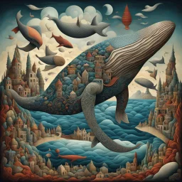 Surreal Cubist Dreamscape; by Picasso, Yerka, surreal fragmented flying whale