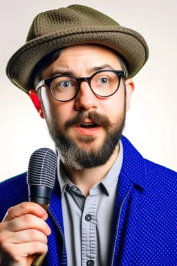 Man fires up with a microphone in his hand, wears glasses, hat, small beard, looks like a clog.