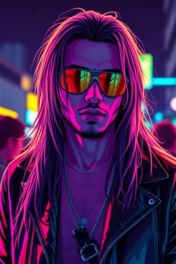 male cyberpunk solo with long hair, Spainish, Wearing Urban Gang Flash and mirrored sunglasses, suave, strong, gang tatoo, nice, Retroanime, rembradt lighting, neon complementary colors