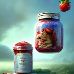 pixar style, realistic painting of a pretty housewife and a jar full with strawberry jam, kitchen in the background volumetric red and blue sky, flying environment and background, volumetric lighting, dramatic lighting, detailed digital painting, extreme dense and fine, anime, ornate, colour-washed colors, elegant, small minutiae, tiny features, particulars, centered, smooth, sharp focus, renderman gofur render, 8k, uhd, detailed eyes, realistic shaded volumetric lighting, caustics, backlight