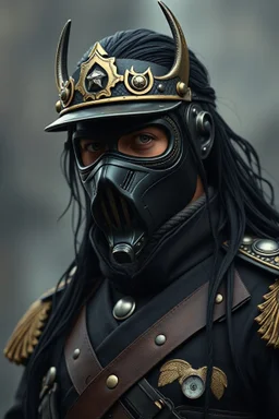 ZORRO with his mask , a High Commander of a Dieselpunk utopia in a ww2 military dress, up close, fantasy, High details, realistic design, dark vibes, 8k, male, long black hair