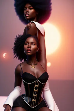 A portrait of a beautiful youthful black woman, wearing a black corset, long black hair, wizard, magical, ethereal, Warm bright lighting. Concept art by wlop. Ultra quality 8k.