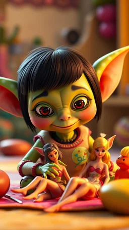 7 year old gremlin playing with barbie dolls . short black hair . A visually enchanting 4K photograph featuring a lovable, Pixar-inspired, expertly crafted in a whimsical and vibrant cartoon style. is masterfully rendered in a lifelike 3D design, which captivates viewers with there irresistible charm. The background is filled with warm, inviting colors and a 3D render, creating a cinematic.