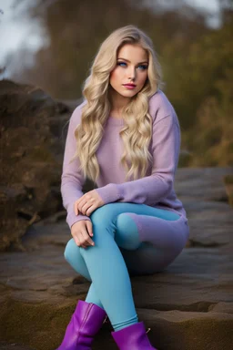 beautiful 18 year old girl with ash blonde hair and blue eyes with her curvy hair down, wearing a long-sleeved woollen top, and lilac long leggings, with long red boots full body shot