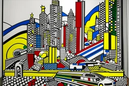 A noisy town made out of toys painted by Roy Lichtenstein