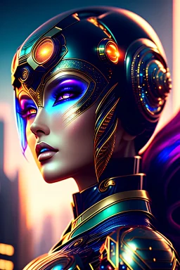 Mera, Cyborg, portrait, 8k resolution, intricate details, ornate details, soft lighting, vibrant colors, retroanime, masterpiece, intricate eyeliner, dark eyeshadow, eyes, futuristic cityscape background,