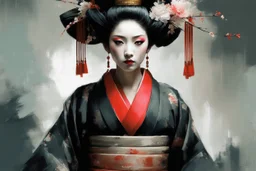 Jeremy Mann style painting, Oiran portrait, white make up on her face, traditional Kimono, digital matt painting, Jeremy Mann style, with rough paint strokes