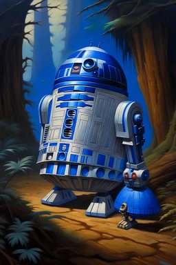 1970's dark fantasy cover dnd style oil painting of a fat obese r2d2 with minimalist far perspective