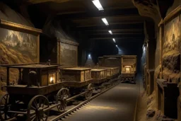 A dark grayish brown underground mine with minecarts designed in ancient Greek mosaics painted by George Inness