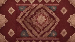 Hyper Realistic Detailed Traditional Ajrak-Fabric-Design on Rustic-Grungy-Maroon-Background