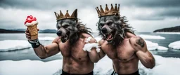 photo shoot of self aware werewolf boxing with ice cream and snow with sea weed crown