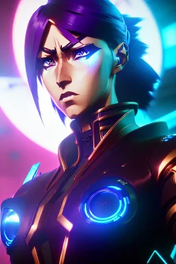 Futuristic anime cyborg, portrait from waist up, intricate eyeliner, vibrant eyeshadow, clear completion, soft lighting, 4k resolution, intricate details, insanely detailed, colorful cityscape background, masterpiece, expert, cinematic smooth, retroanime style, realistic details, no helmet, pastel hair color