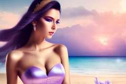 very nice real face beautiful sexy roman with make up at the beach standing pose in a short lace purple and silver dress, full body, 3D cloudy sky volumetric nice clouds 8k sharp focus,sunset,golden hour,medium shot