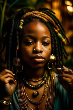 earthy black young woman listening to music with small old school headphones, soul, peace, majestic, earthy colours, at peace, happy, incense, jewels, bands, natural, old school headphones, blasian eyes, incense, very dark skin, crystals, gold arm bands, locs with beads, mouth slightly open, full lips with liner