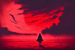 A dark sihlouette of a person drifting among the beautiful haunting blood-red clouds