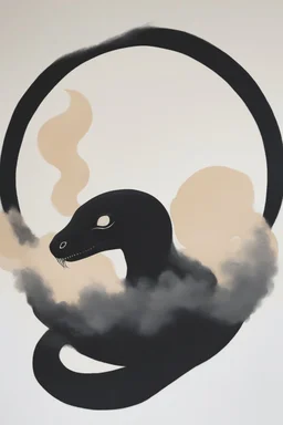 a minimalist style horror painting of a circular black smoke turning into a subtle snake shaped shadow . white background