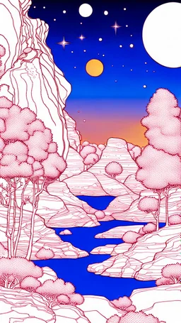 Peaceful, Egon Schiele, Max Ernst, night sky filled with galaxies, planets and stars, rock formations, trees, flowers, one-line drawing, sharp focus, 8k, deep 3d field, intricate, ornate, one million strokes, colored