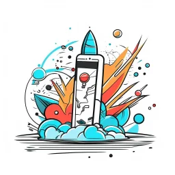 Image: A rocket launching from a smartphone, leaving a digital trail. Style: Retro Pop. Mood: Fun and Upgrading. Lighting: Energetic and dynamic. LOGO design graphic, vector, contour, white background