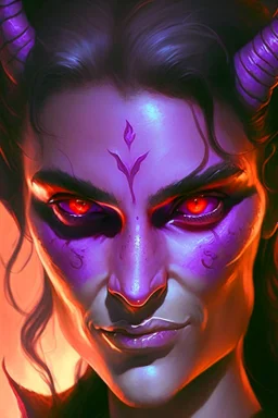 purple skin, glowing fiery eyes, smirk