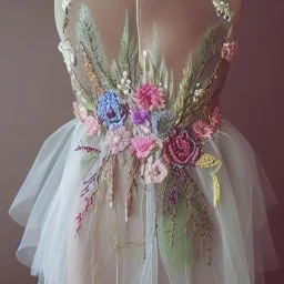 delicate embroidery and beadwork of flowers on tulle, couture, beautiful composition, aesthetic layout, wildflowers, watercolor