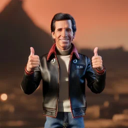 wide view Uoung Fonzie with blackhair toy Action figure doll 1975 realistic (thumbs-up) (face) Forehead grin, fonzarelli, jukebox background, eyes