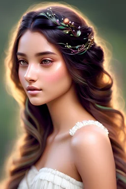 Create a digital painting of a young woman that echoes a vibrant and realistic style. The painting must feature a realistic face with naturalistic features and skin texture. Her hair should flow with a multitude of colors, intertwined with intricate designs and patterns that create an elegant and surreal atmosphere. Her colors must be lucid and harmonious, blending organically with her features and her clothing. It must be rich in expressive details.