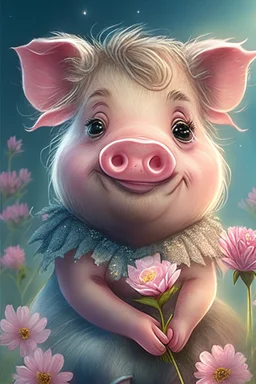 Happy and cute Scottish Highland pig with dreamy sparkling eyes, gender girl, 4K resolution quality, sitting and holding a flower, nursery art, very beautiful and highly polished, with full details, smooth edges, soft hair and cotton O, flawless facial features, stunning, whimsical fantasy, beautiful, detailed, well-rendered, cartoon, illustration