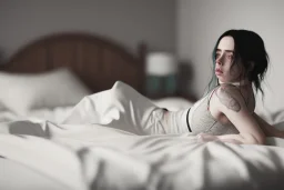 Billie Eilish, on the bed, in my underwear, pale skin, high detail, realistic, 8k, not to be distinguished from a photo