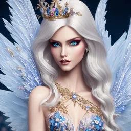 Fantasy cute fairy with wings, smiling, make up, long blond platinum hair, blue eyes, crown, beautiful dress, flowers in background, HQ