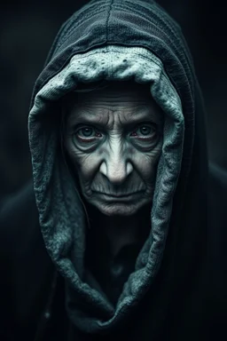 A hooded old woman /image, randomised, depicting illusion, the Impossible, nonsense, the immaterial, intangible, and futuristic. Be wildly random in producing totally new ideas and images. Show me the deep scars inflicted on my soul and mind. Epic, cinematic.