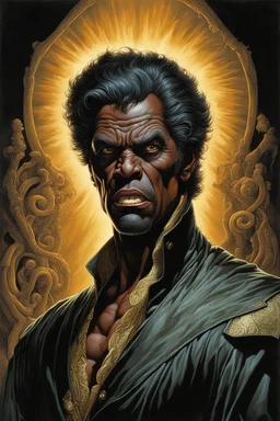 Artists Francisco Goya and Michael Whelan and George Herriman unleash a captivating portrait illustration of Keith David, his wicked countenance dominating the canvas, clear eyes piercing through enveloping darkness, brilliantly grounded against the backdrop of an elusive nightmare, palpable textures, Whelan's distinctive visceral style, detailed line work, opulent shadows, dystopian, hyperrealistic