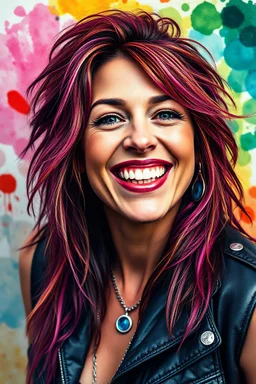 head and shoulders portrait, Miss Motley Crue - Smiling, a multicolored watercolor stained wall in the background, 4k, 8k, 32k UHD, Hyper realistic, extremely colorful, vibrant, photorealistic, realistic, sharp, highly detailed, professional quality, awesome, majestic, superb, trending on artstation, Cinematic, Real, Life like, Highly detailed, sharp, focused, fantastic