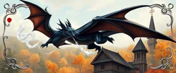 portrait of a shiny black dragon squirrel in autumn, flying above wooden castle, breathing smoke, book cover illustration, with swirly metallic 3d playing card border