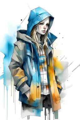 Fashion futuristic techwear long jacket on a girl watercolor sketch
