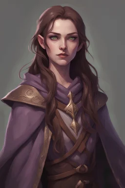 cahotic neutral charismatic Wood Elf Bard Female with pale skin and very sharp features, long brown hair, wearing a purple vest and brown adventurer's cloak with a smug face. Carrying lute on back. Pale green eyes. Elf ears.