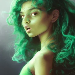 alien girl, cute, beautiful, long hair, curly hair, black hair, slim body, brown eyes, light green skin, turquoise dress, black tee shirt, green shorts, head and shoulders portrait, 8k resolution concept art portrait by Greg Rutkowski, Artgerm, WLOP, Alphonse Mucha dynamic lighting hyperdetailed intricately detailed