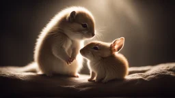 romantic photograph of two small animals in a loving relationship, halo lighting, chiaroscuro, beautiful photo