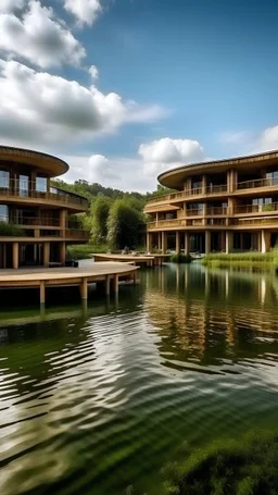 resort, wooden, modern architecture, middle of the pond, water surround, nature, boat ride, good weather