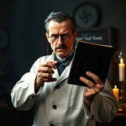 A ww2 german scientist in a lab coat holding a demonic grimoire