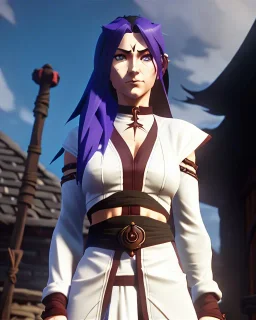 female monk healer, lathe build, wearing white robe, small boots, light white crop top, big detailed eyes, eyes are both in proportion, eyes with pupils, 3/4 look, long red hair, hair has one dark streak, small up turned nose, large breasts, small waist, round butt, standing, dark cobblestone alley, one halo white light behind head, non photorealistic rendering in the art style of j.scott campbell