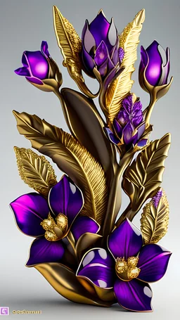 flowers, leaves and buds , amethyst colours, dark shadows, intricate faberge style, molten metals, gemstones, reflective, optane render, Ultra hd, 3d,