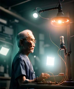 Ultra realistic photographic night portrait, cinematic, <Asian woman>::<Asian doctor old man><hanging wires> <retro computer> <cyberpunk> <many wires><perfect pupil> <cyborg arm> <garage> <wide angle Shot> <sci-fi futuristic> <thriller>, color fog, soft color, highly detailed, unreal engine 5, ray tracing, RTX, lumen lighting, ultra detail, volumetric lighting, high definition.