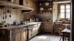A warm kitchen with worn wooden walls and cracked stone floors