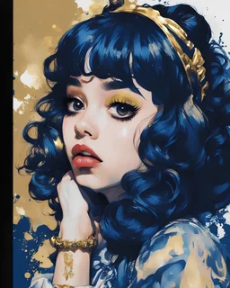 Poster in two gradually, a one side darkblue tones and other side gold tones, the Singer Melanie Martinez face, painting by Yoji Shinkawa,