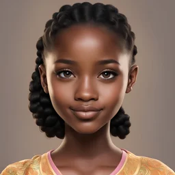 A girl with slightly brown skin, an oval face with a square chin, slightly full lips, slim black almond eyes, shoulder-length African hair, and a very cute smile.