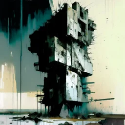 A abstract minimalist painting of Lebbeus Woods brutalist concrete bunker tower architecture. Breaking apart. In a desolate landscape. In the style of by Ashley Wood and Justin Mortimer. Large oil brushstrokes