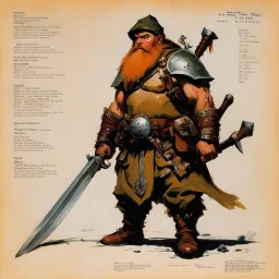 ConceptSheet: dwarf ranger with AD&D statistics [by frank frazetta]