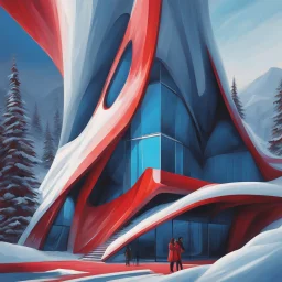 Zaha Hadid style snow hut, digital art, hyper-detailed, red and blue colors, 8k oil painting