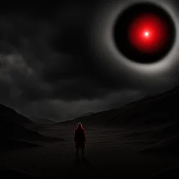 a large ominous red eye watching a person roam a desolate deep black landscape